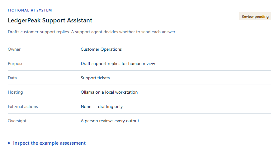 Sentinel GRC fictional support-assistant record with an owner, purpose, hosting details, and human oversight