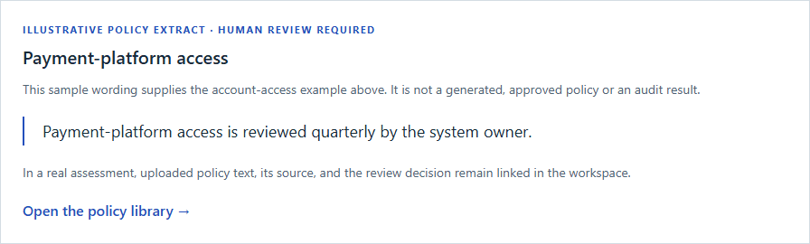 Sentinel GRC illustrative policy extract clearly labelled as requiring human review